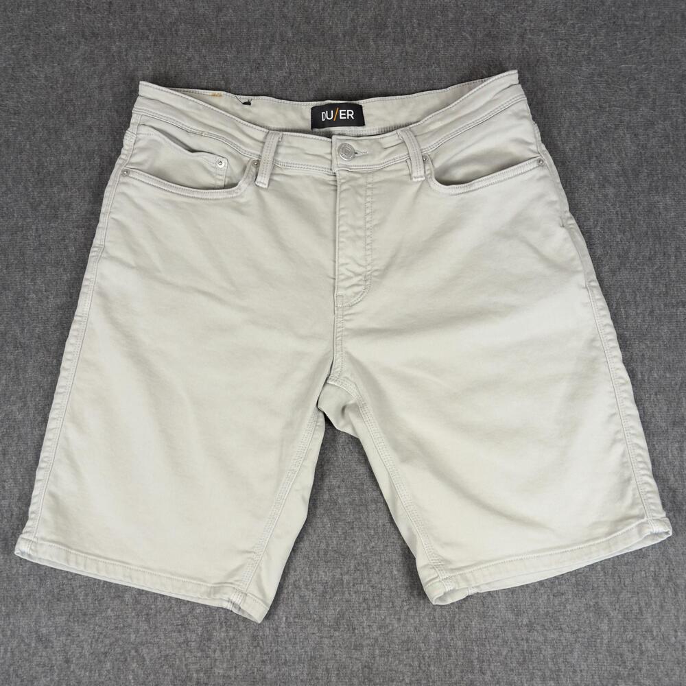 DU/ER Shorts Mens 34 Beige Denim 10 Inch Inseam Relaxed Fit Stretch Casual